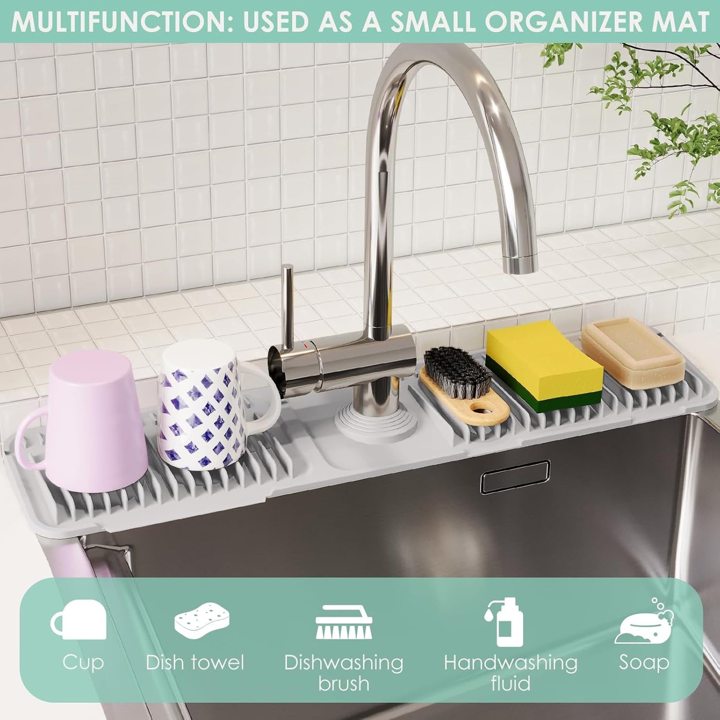 24-Inch Silicone Faucet Mat for Kitchen Sink Splash Guard, 7° Slope | 24"x5.5" water draining mat with fasten button; 1.6-2.75" customizable hole for bathroom, RV & kitchen sink drip catcher.