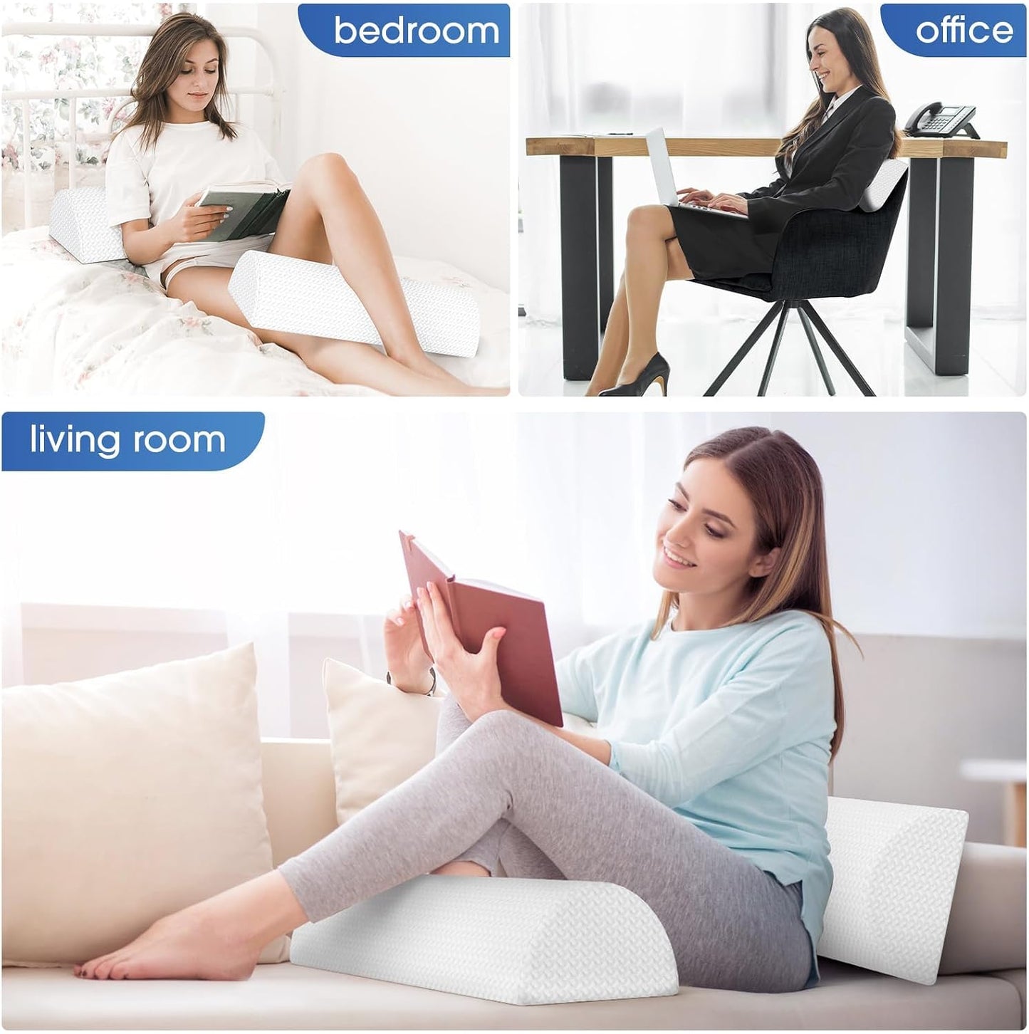 TranquilRelax Knee Pillow for Back Sleeping Memory Foam Half Moon Bolster Pillow for Legs, Under Knee Support, Ankle & Foot Comfort Orthopedic Pillow for Side Sleepers (White, 20.4" x 8" x 4.9")