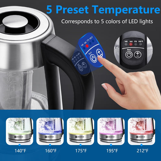 Aigostar Electric Kettle with Temperature Control and Tea Infuser | 1500W, 1.7L Hot Water Kettle with Variable Temperature, Keep Warm Function, LED Indicator Light Change, Auto Shut-Off