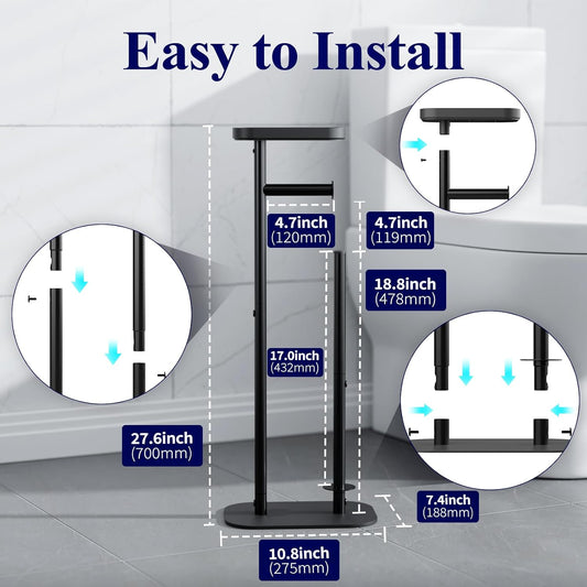 Kitsure Metal Toilet Paper Holder Free Standing, Medium, Black | Rustproof Toilet Paper Stand for 4 Rolls, Bathroom Organizers and Storage with Anti-Slip Base and Plastic Shelf