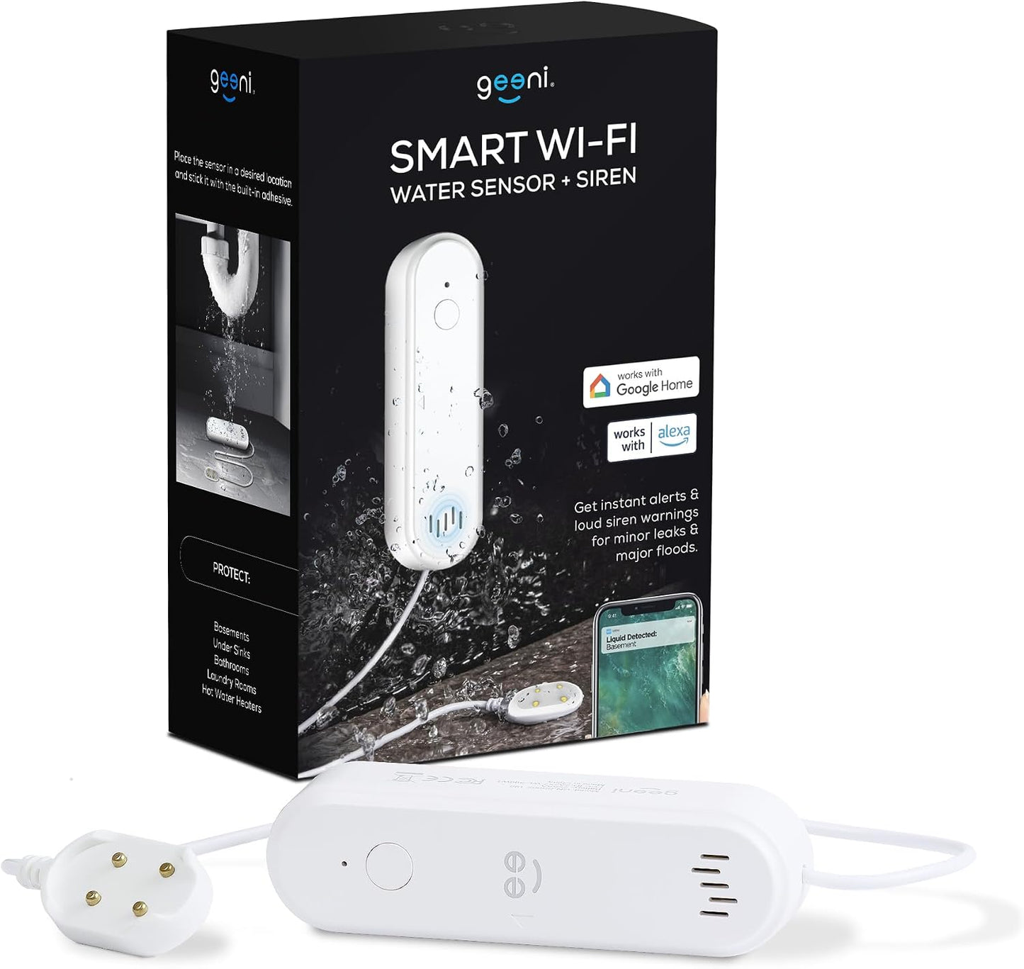 Geeni Smart Water Alarm Leak Detector, Siren Alert, 80dB, Battery Wi-Fi | App alerts for kitchen, bathroom, basement flood, Wi-Fi moisture sensor, Alexa & Google Home