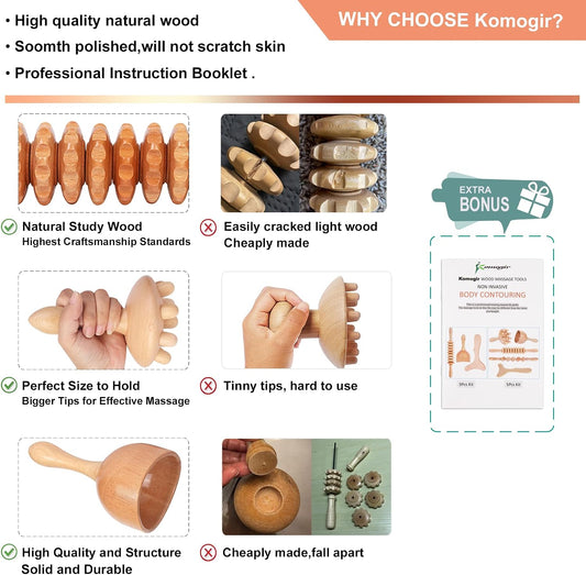 Komogir Wood Therapy Massage Tools 5-in-1 Lymphatic Drainage Massager Maderoterapia Kit Wooden Massager Body Sculpting Tools for Muscle Pain Relief, Anti-Cellulite, Body Contouring and Shaping