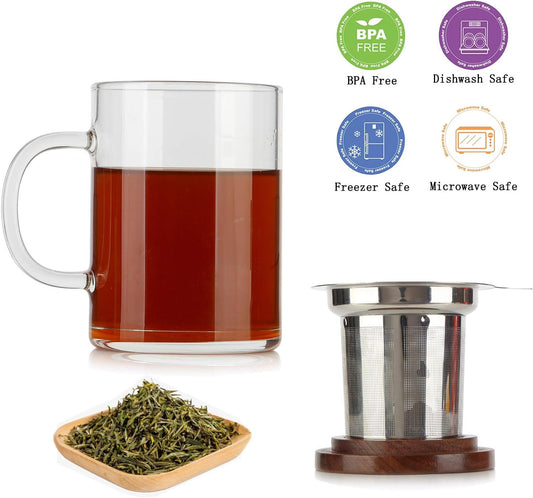 Tea Cup with Infuser Walnut Lid&Handle, Glass Tea Cups with Wide Mouth Extra Large Capacity, Stainless Steel Tea Infuser Mug for Loose Leaf Tea Steeping(14oz/400ml)