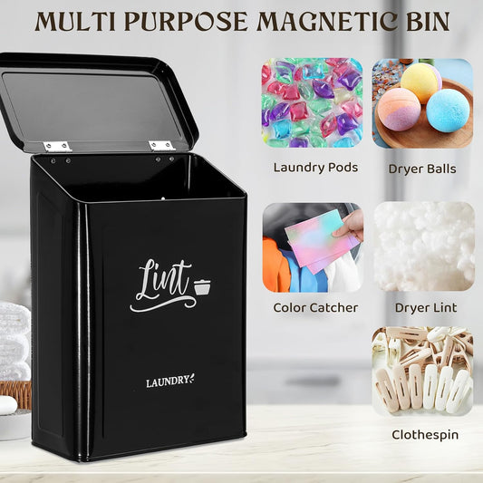 Magnetic Lint Bin for Laundry Room with Brush & Hook - Large Laundry Organizer and Storage, Wall Mounted Trash Can with Lid, Space-Saving Dryer Lint Holder Laundry Room Decor, Black