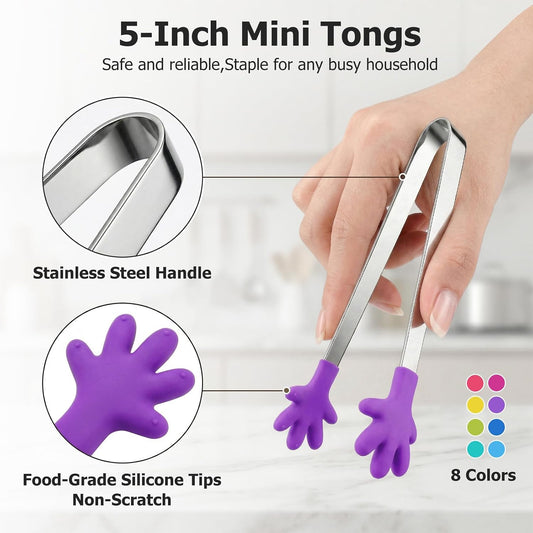 Mini Tongs, 8 PCS Silicone Hand Shape Food Tongs, 5 Inch | Colourful Small Tongs for Toolfor Candy, Snacks, Chips, Cookies, Appetizers, Fruit, Ice Cubes, Party, Buffet & Dessert Table