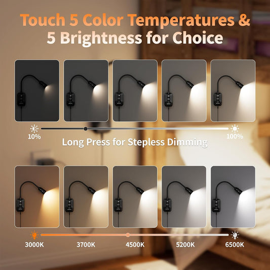 LED Wall Mounted Reading Light with Wave Sensor/Touch Switch, 5 Color & 5 Level Dimmable Touch Bed Lights for Reading with USB C Output, Eye-Care Bedside Reading Light for Bed,Heaboard (Black)
