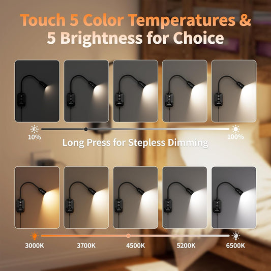 LED Wall Mounted Reading Light with Wave Sensor/Touch Switch, 5 Color & 5 Level Dimmable Touch Bed Lights for Reading with USB C Output, Eye-Care Bedside Reading Light for Bed,Heaboard (Black)
