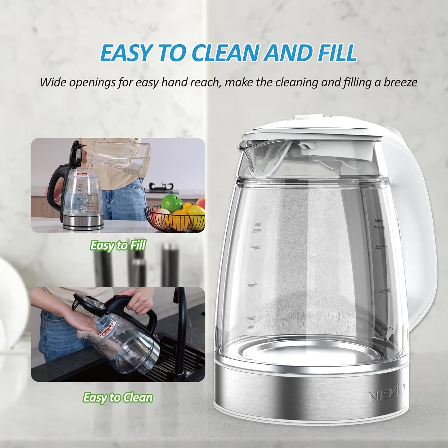 NISVITU 1.7L Dual Wall Cool Touch BPA-Free Electric Kettle, White | Glass Inner+PC Outer, 1500W Fast Boil Cordless Hot Water Boiler Electric Tea Kettle, Auto Shut-Off+Keep Warm