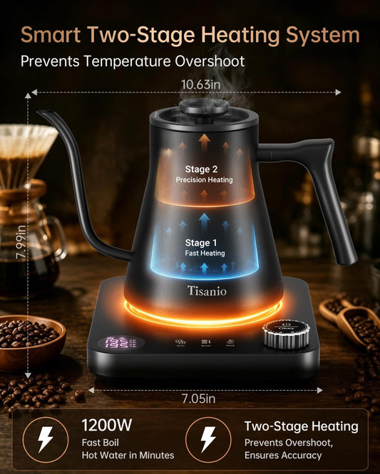Gooseneck Electric Kettle with Temperature Control, 0.9L, Black | ±1°F Precision Pour Over Kettle, LCD Dual Display, Smart Two-Stage Heating, 2H Keep Warm, 304 Stainless Steel Interior