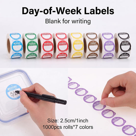 7000 Pcs Removable Day Label with Marker, 7 Colors, 1 inch - Peel Tab Waterproof Freezer Safe Food Labels (Mon-Sun) for Meal Prep and Restaurant Kitchen