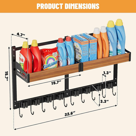 Broom and Mop Organizer Wall Hanging, Broom Holder Wall Mount with Cleaning Supplies Organizer, Broom Hanger Wall Mount with Storage Shelf and Hooks for Laundry Room Garage Kitchen