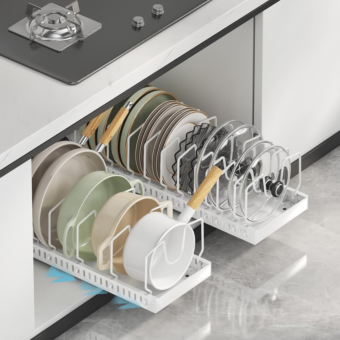Black 2 Pack Pot Lid Organizer, Pull Out Cabinet Rack, 16 Dividers | 2-pack black carbon steel rack, 16 adjustable dividers, quiet slide rails, adhesive or screw mount for lids, pans, bakeware