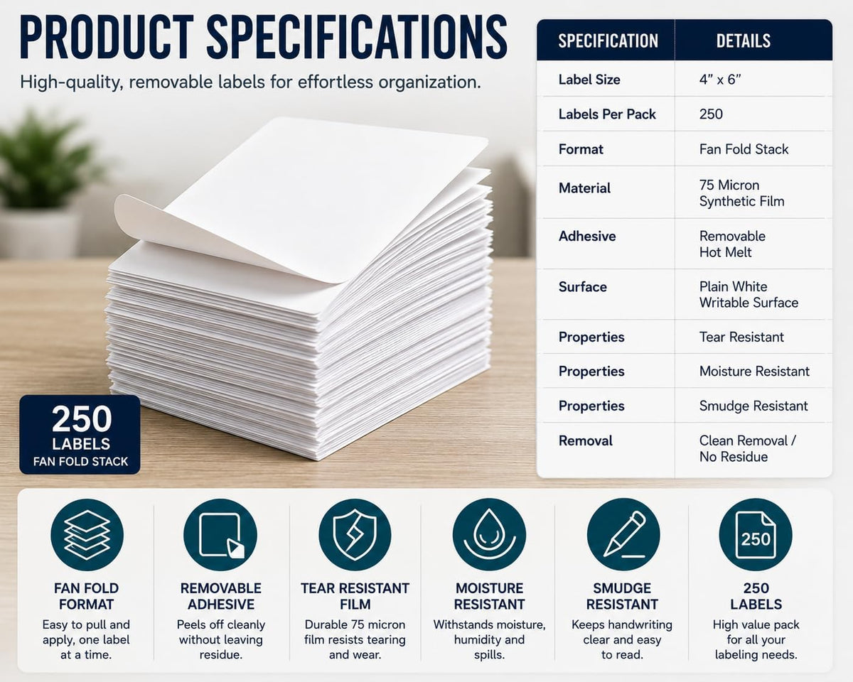 Veritack™ 250, Large Removable Labels for Bins, 4" x 6", Easy to Write, No Residue, for Storage Containers, Garage, Pantry, Closet & Home Organization, Moisture Resistant, Freezer & Refrigerator Safe
