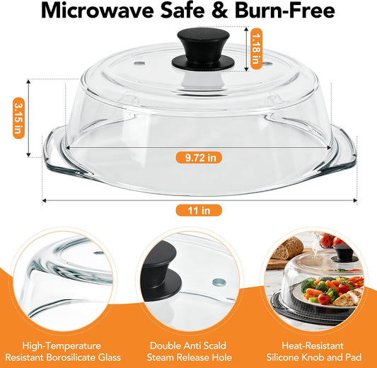 10 inch Glass Microwave Cover for Food,2-in-1 Microwave Splatter Cover with Silicone Pad, Microwave Plate Lid with Vent Holes & Easy-Grip Handle