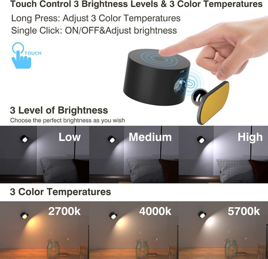 Koopala 2PACK LED Wall Lamps with Rechargeable Battery Operated, Wall Mounted Lights with 3 Brightness 3 Color Temp Removable Charging 360°Rotate Magnetic, Cordless Wall Sconces for Reading Bedside