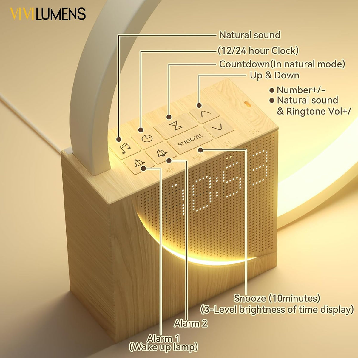 Vivilumens Sunrise Alarm Clock Sound Machine Nightlight, Gradual Wake Up Light, Digital Dimmable Clock, 10 White Noise Sleep Sounds, Snooze, Dual Clocks for Heavy Sleeper Adult, Decor Gifts for Women