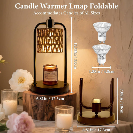 Candle Warmer Lamp with Timer Light: Electric Wax Melt Warming Dimmable for Yankee Candles Large - Birthday Christmas Gift for Women Mom, Room, New Home Decor, Vintage House (Black + Brown Hemp Rope)