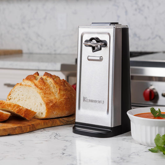 Kenmore Electric Can Opener – Smooth Edge, Automatic Side-Cut Blade, Extra-Tall Design for Regular & Pop-Top Cans, Easy One-Touch Operation, Black & Stainless Steel