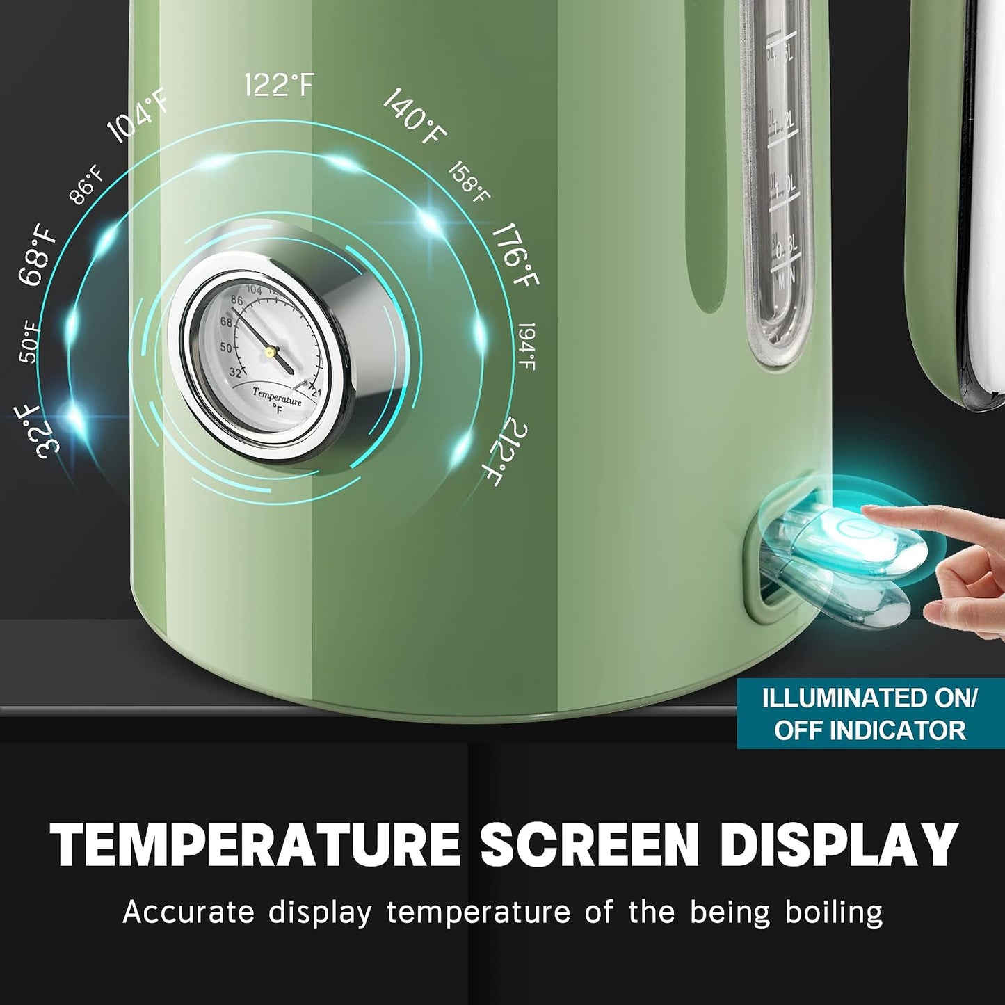SUSTEAS 57oz Electric Kettle with Thermometer, Hot Water Pot, Retro Green | Electric Tea Kettle for Boiling Water, 1500W Stainless Steel Pot, Cordless LED Indicator, Auto Shut-Off & Boil Dry Protection