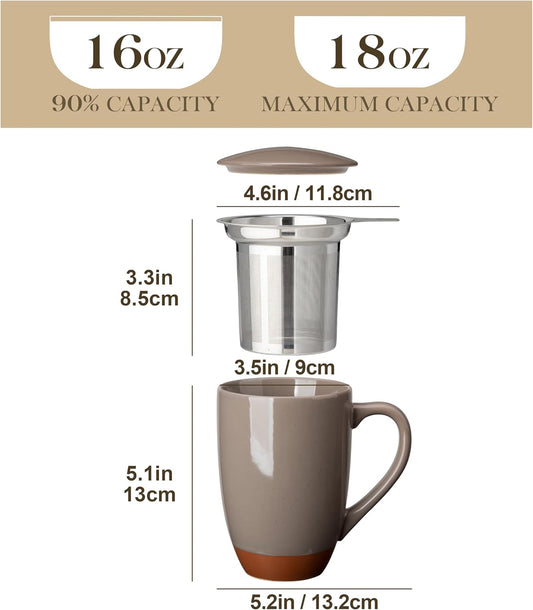MALACASA Ceramic Tea Mug with Lid and Stainless Steel Infuser, 18 oz Large Tea Cup for Loose Leaf Tea, Heat-Resistant, Microwave & Dishwasher Safe, Speckled Glaze Coffee & Tea Brewer Mug, Khaki White