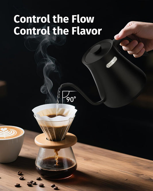 INFOOD 0.8L Gooseneck Electric Kettle, Precise Temperature Control for Pour Over Coffee & Tea, 1200W Fast Boiling Water, Auto Shut Off, Scheduling, Stainless Steel, Floral Painted Design