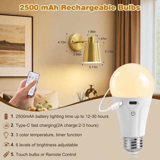 Gold Battery Operated Wall Sconces Set of Two with Remote, Rechargeable Battery Powered Wall Lights, 3 Color Temperature, Dimmable, Modern Wireless Wall Lamps for Bedroom Living Room Hallway