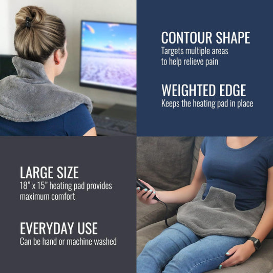 DMI Plush Micro-Fleece Weighted Heating Pad for Neck, Shoulders & Back - 4 Heat Settings, Auto Shut-Off, 9' Cord, Gray, Large