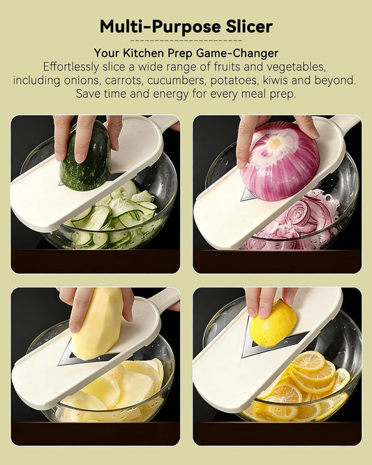 Handheld Mandoline Slicer for Kitchen - Stainless Steel V-Blades | Food Holder & Cleaning Brush, Comfort Grip, Easy to Clean, Vegetable Chopper Cheese Grater