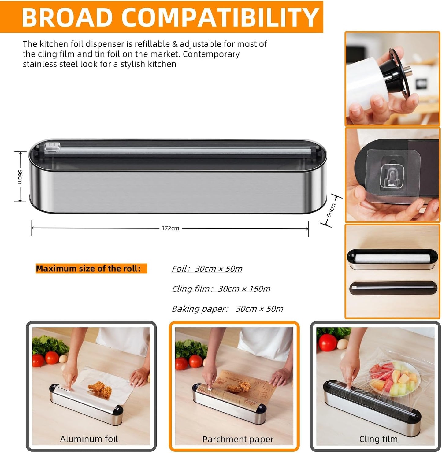 Aluminum Foil & Plastic Wrap Dispenser with Cutter - Magnetic & No-Drill Wall Mount, Stainless Steel Design, Space-Saving Kitchen Organizer for Worktops & Cabinets - Fits 12" Rolls, Silver