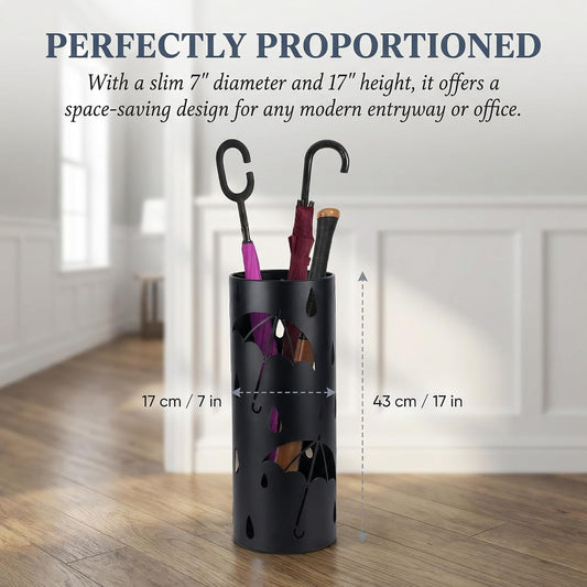BEWBBAT Metal Umbrella Stand Rack for Entryway, Black Round Free Standing Umbrella Holder Organizer Bin with 3 Hooks for Walk Stick, Home Office Indoor, 17 x 7 Inch