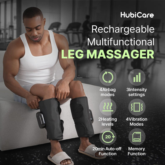 HubiCare Calf and Thigh Massager, Heated Air Compression Leg Massager, Sequential Compression Wrap for Tired Legs, 4 Modes 3 Intensities, Vibtration, Cordless Leg Massager with Extension (Pair)