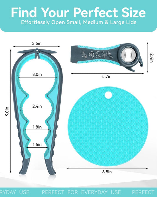 Jar Opener 3-Piece Set, Can and Bottle Opener for Weak Hands | Multi-function kitchen tool set for seniors with arthritis. Ergonomic non-slip, easy-to-use gift for elderly