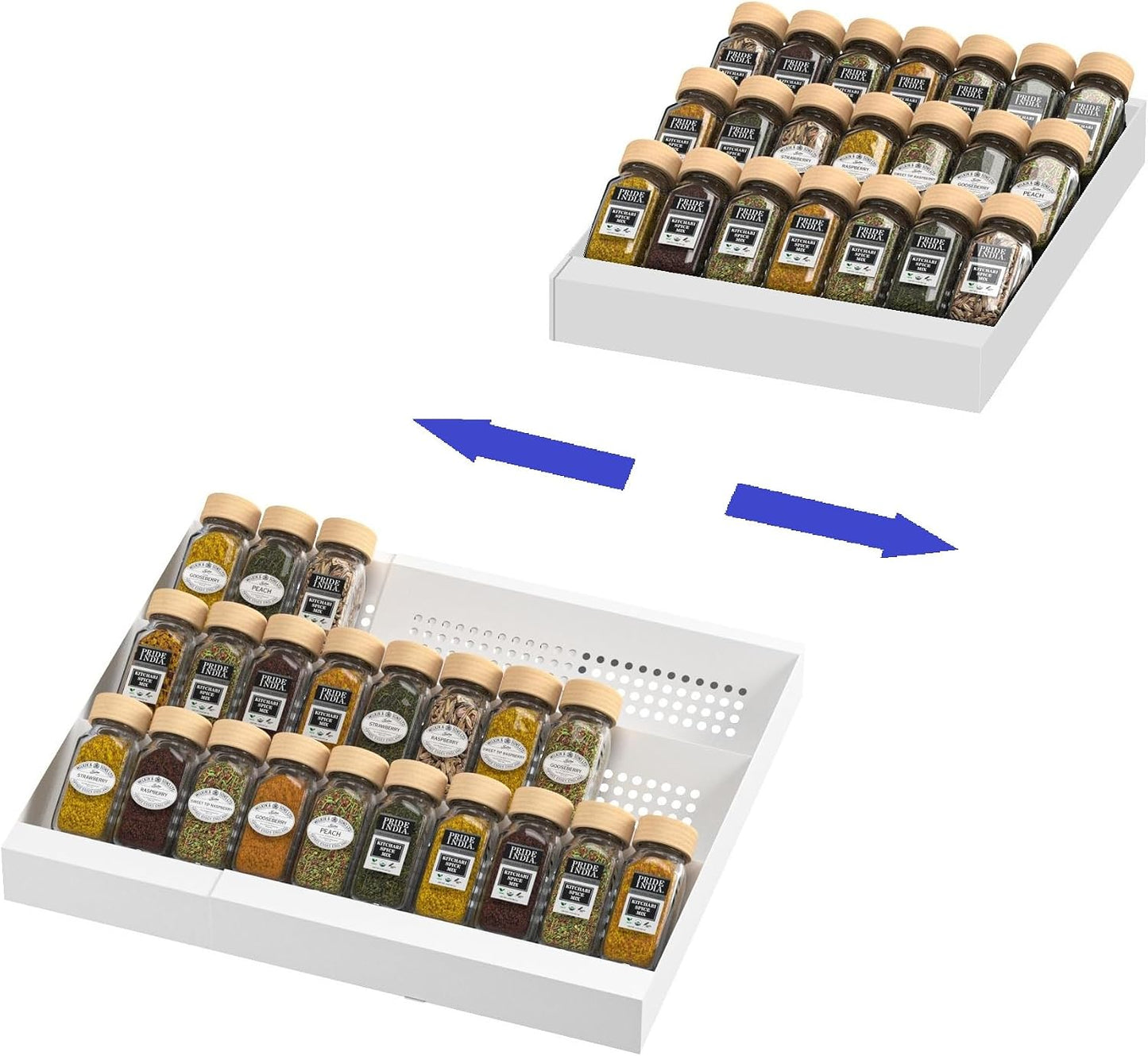 Expandable Metal Spice Drawer Organizer,3-Tier,Slanted Seasoning Jars Tray for Kitchen Cabinet Drawers Insert/Countertop (Jars not included)-3Tier,1pack/White