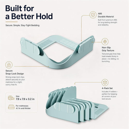 B-Land Bed Sheet Holders for Corners:4 Pack Non-Stretch External Clips- Fitted Sheet Grippers for Deep Pockets- No-Lift for Dorm & RV Beds, Keep Sheets Tight on Memory Foam & Twin-King (White+Grey)