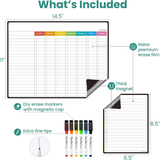 Magnetic Dry Erase Weekly Calendar for Fridge - Large 17"x12" Magnetic Weekly Planning Board with Hourly Time Slots - 6 Extra Fine Point Markers Included