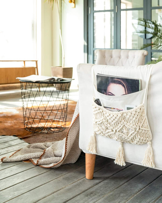 Mkono Macrame Armchair Caddy, Boho Couch Armrest Organizer, 4 Pockets Beige | Large, Sofa Bedside Caddy, Remote Control Magazine Phone Holder, Living Room Bedroom Dorm, Boho Decor, Space-Saving Storage