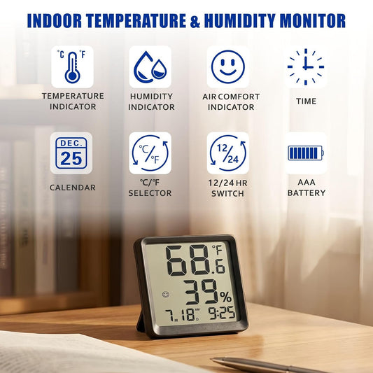 Room Hygrometer Indoor Thermometer for Home, Black | Small Digital Temperature Humidity, Comfort Indicator, Digital Clock & Calendar, Desktop Humidity Meter, Compact Size