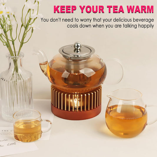 Teapot Warmer, Aluminum Alloy & Wood Tea Warmer with Tealight Holder, Rose Gold Teapot Heater for Heating Coffee, Milk, Food Indoors and Outdoors, Suitable for All Teapots