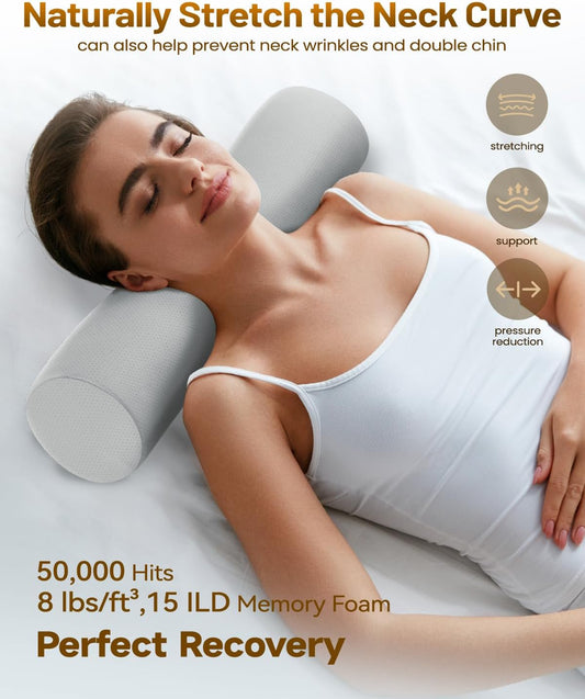 Memory Foam 4" Round Pillow, Cervical Neck Pillow for Pain Relief, Cylinder Pillows 18"x 4", Removable Cover, Neck Roll Pillow for Sleeping, Velvet Dots, Grey
