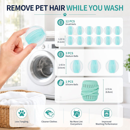 16PCS Pet Hair Remover and Laundry Ball Set, Reusable Dog Hair Remover for Laundry, Lint Catcher Laundry Ball in Washing Machine, Pet Hair Catcher for Clothes, Bedding