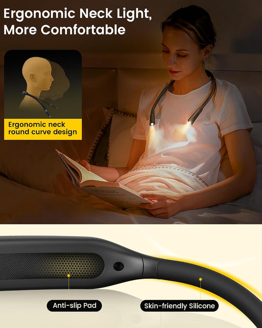 Glocusent Neck Book Light, Rechargeable Neck Lights for Crafts Reading | 1200mAh, Hands Free, 5 Colors, 5 Brightness, Lightweight, Book Lovers Gifts, Ergonomic, Bendable, Knitting, Repairing, Reader