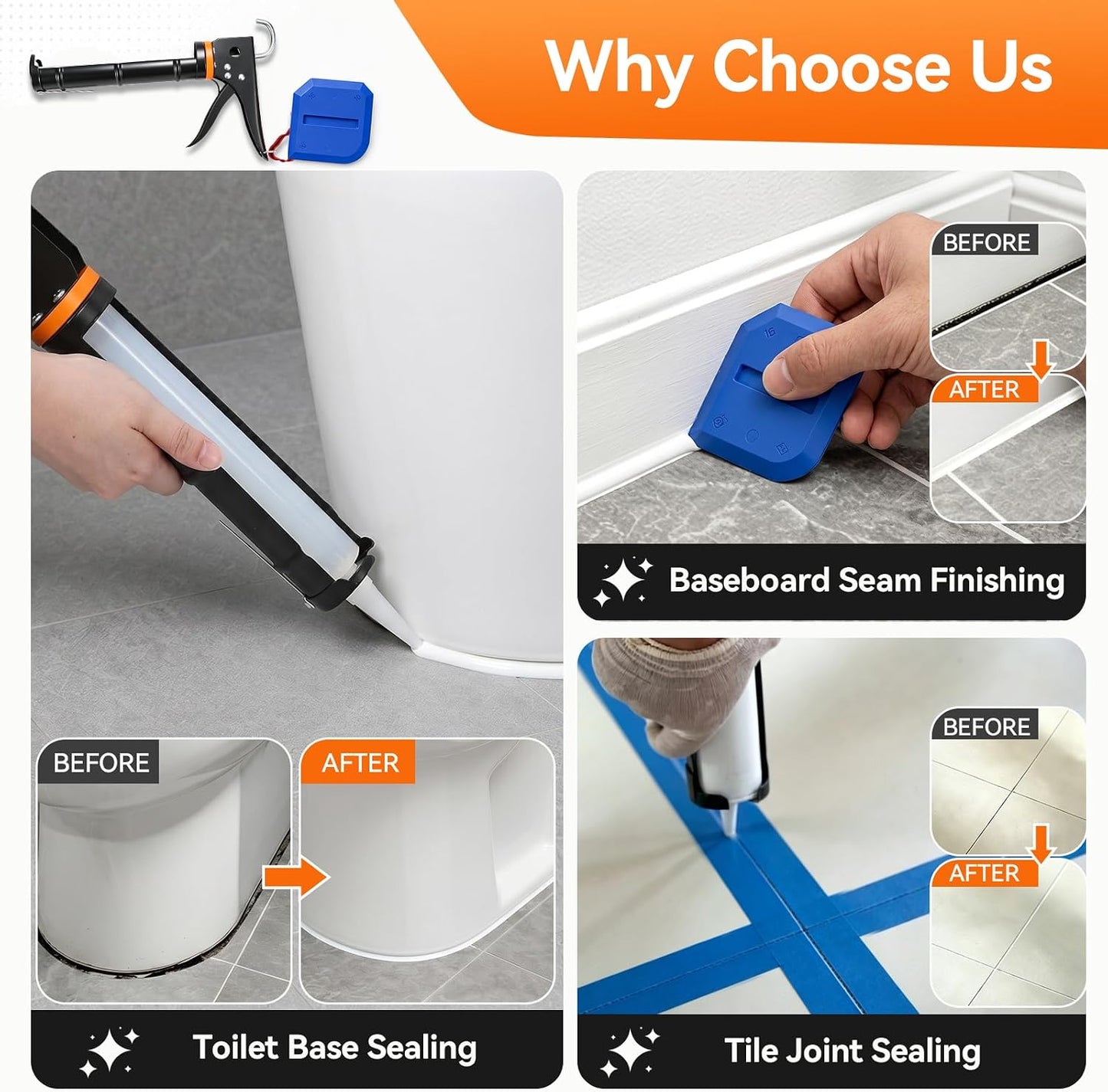 Caulk Gun Kit, Smooth Silicone Caulking Gun and Caulk Remover Tool, Sealant Finishing Tool Grout Scraper for Kitchen Bathroom Window Sink Joint, All in One with Gift Box