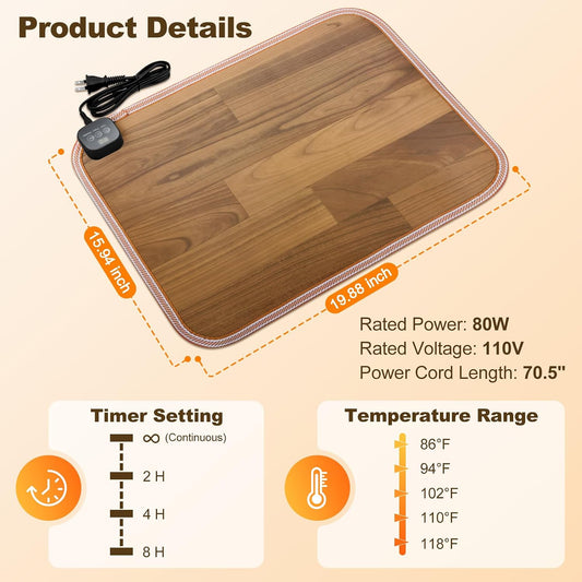 Foot Warmer Under Desk - 15.9x19.9in Heated Floor Mat 110V Adjustable Temperature Electric Heater with Timer for Office Home, Heating Pad for Cold Feet (Brown Wood)