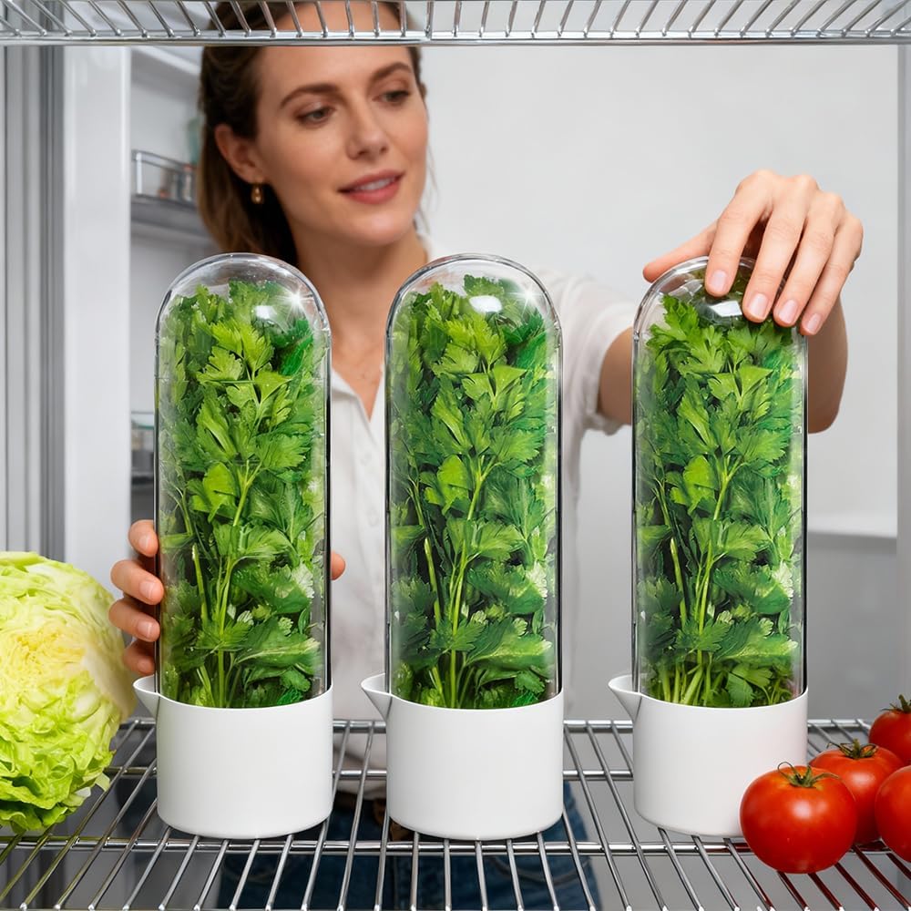 2 Pack Herb Keeper for Refrigerator, Clear BPA-Free Fresh Herb Saver | BPA-Free, Fridge Storage Container, For Cilantro, Parsley, Thyme, Mint & Asparagus, 2-3 Weeks Freshness