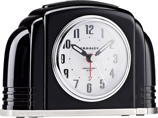 Crosley Vintage Art Deco Analog Alarm Clock, Quiet Ticking, Automatic Dimmable Smart Light, Simple Controls, (Black)
