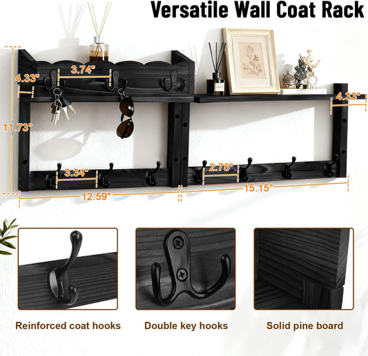 28" Coat Rack Wall Mount with Shelf with 7 Hooks 3 Key Hanger | Entryway Key Holder Wall Mount Wood Wall Coat Hooks, Wall Mounted Coat Rack Mail Holder for Living Room, Bedroom