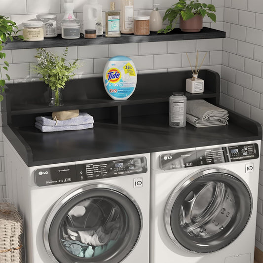 2-Tier Washer Dryer Countertop with 2.75" H Edge Rails, 54" W x 27.55" D Laundry Countertop for Folding Clothes, Washer and Dryer Topper with Non-Slip Pad (Dark Walnut)