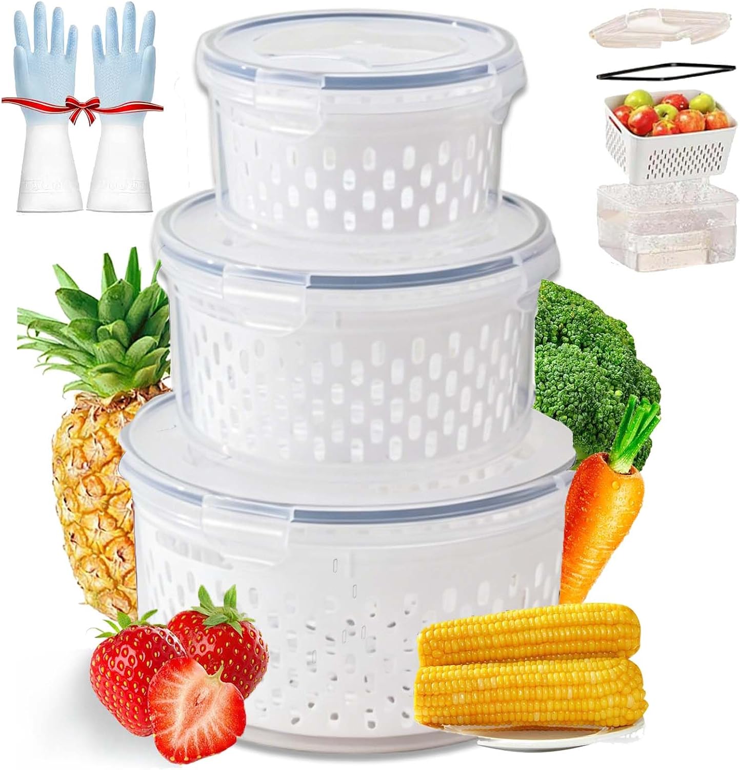 4 In 1 Food Storage Container, Fruit Storage Containers for Fridge, Household Transparent Plastic Food Storage Box-Including Drain Basket, Soak, Wash, Drain, and Store (Gray, S+M+L)
