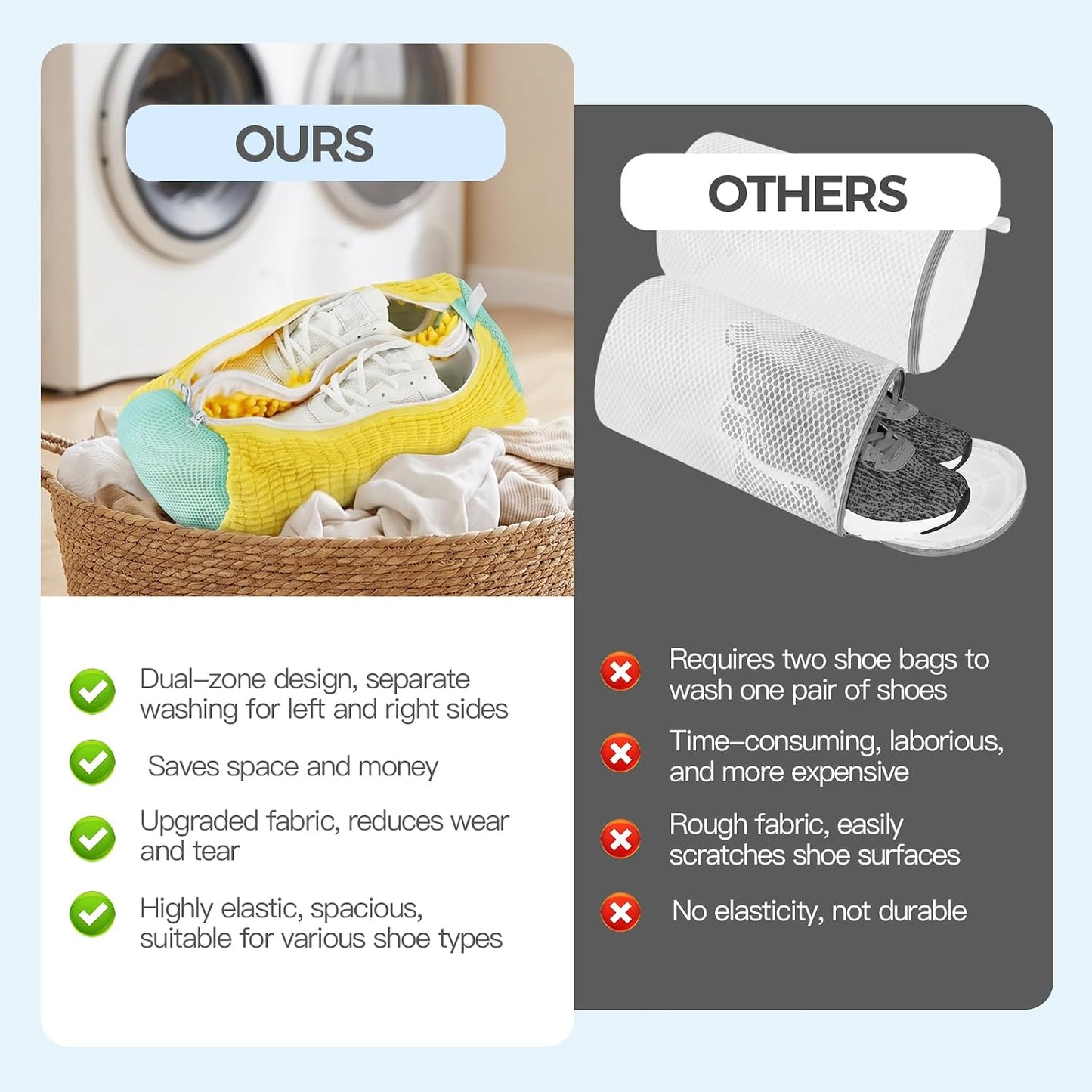Dual Shoe Washing Machine Bag for Washer and Dryer Holds 2 Shoes (Yellow) | Reusable Laundry Shoe Bag with Microfiber Brushes, 360° Deep Cleaning, Self-Locking Zipper,Sneaker Tennis Shoe Cleaning Bag