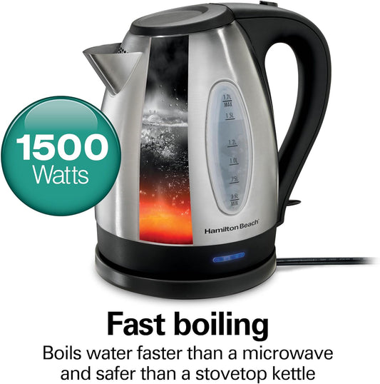 Hamilton Beach 1.7 Liter Electric Tea Kettle, Water Boiler & Heater | Fast Boiling 1500 Watts | BPA Free | Cordless Serving | Auto-Shutoff & Boil-Dry Protection | Stainless Steel | 40880G